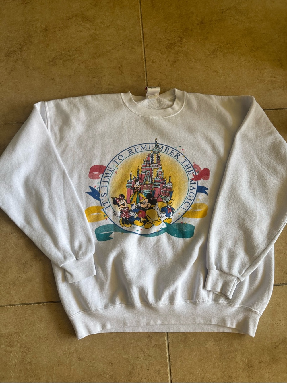 Vintage White Mens 25th Anniversary Castle Walt Disney World Crewneck Sweatshirt